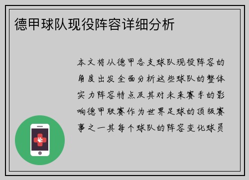 德甲球队现役阵容详细分析